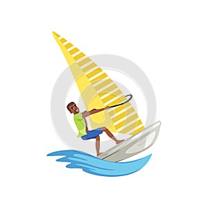 Man on sailing boat, yacht racing, water sport activity vector Illustration on a white background