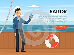 Man Sailor Character in Blue Shirt and Cap on Deck of Ship with Lifebuoy Vector Web Page Template