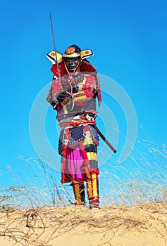 Man in samurai costume with sword.