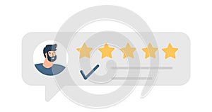 Man satisfied customer give rating 5 stars. People feedback vector illustration by giving 5 star rating. Flat online