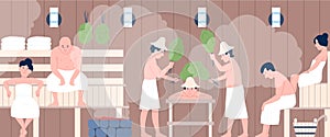 Man in sauna. People relaxing in steam room or finnish bathhouse. Wellness spa unisex procedures in hot temperature