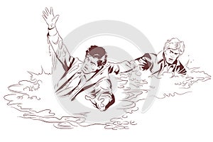 Man saves a drowning male. Stock illustration.