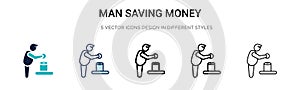 Man saving money icon in filled, thin line, outline and stroke style. Vector illustration of two colored and black man saving