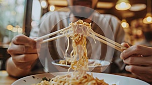 man savoring noodles at a local eatery