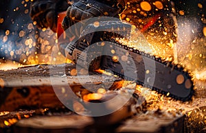 Man sawing log in slow motion. A person using chainsaw to cut wood