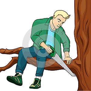 Man sawing tree branch on which sits object on white background raster illustration. Make yourself worse metaphor.