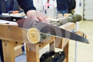 Man sawing wood handsaw on carpentry table