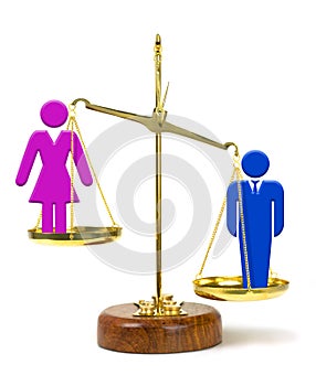 Man on scale outweighing woman representing inequality in pay and opportunities