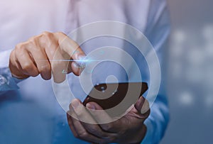 man scanning fingerprint on virtual screen cyber security concept computer password to access privacy and business data digital