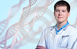Man science tologist in laboratory among DNA chains.