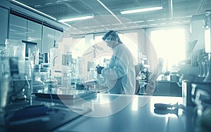 Man, scientist in a bright and sunny hi-tech laboratory working at desk with glass