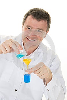 Man scientist in lab working at lab with test tubes