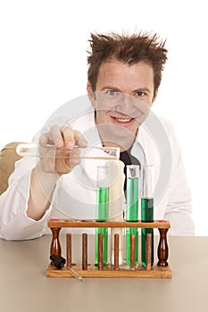 Man scientist test tubes pour look