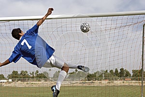 Man Scoring Goal During Soccer Match photo