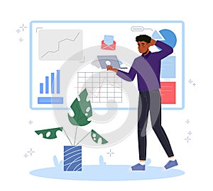 Confused man analyzing data charts. Vector illustration