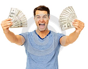 Man Screaming While Holding Fanned Us Paper Currency