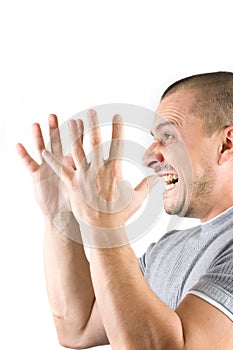 Man screaming isolated on white background