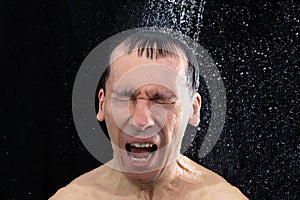 Man Screaming Under Cold Shower