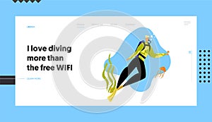 Man Scuba Diver Character in Swimming Suit and Mask Playing with Starfish and Jellyfish Underwater, Snorkeling Diving