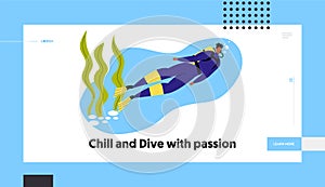 Man Scuba Diver in Swimming Suit, Flippers and Mask on Underwater Background, Snorkeling Diving Profession