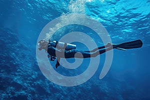 A man scuba diving in the deep blue sea underwater