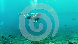 Man, scuba diving and explore on coral reef with fish or flash light on sea bed for wildlife underwater animal, holiday