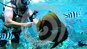 Man, scuba diving and fish at coral reef or camera adventure explore, island at Raja Ampat Indonesia. Male person