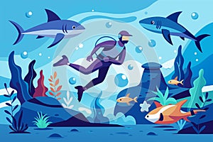 A man is scuba diving in the ocean, surrounded by a school of fish, Diving with sharks Customizable Semi Flat Illustration