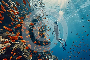 Man scuba diving in a tropical coral reef with fishes and corals