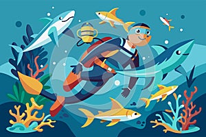A man scubas underwater surrounded by a school of fish in the ocean, Diving with sharks Customizable Disproportionate Illustration