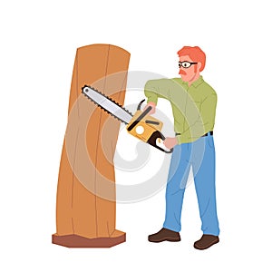 Man sculptor cartoon character working with saw carving sculpture or statue from tree trunk