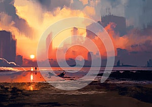 Man on sea beach looking at skyscrapers at sunset