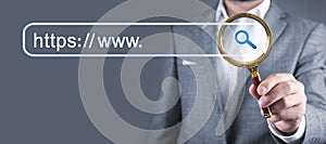 Man search https address. Internet search concept