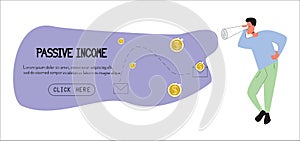 Man in search of passive income, advertising page of the site, attracting to freelance, distant work, illustration