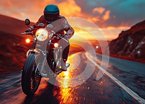 Man seat on the motorcycle on the mountain road under sky with clouds at sunset