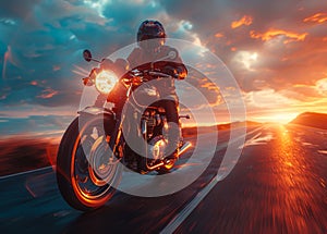 Man seat on the motorcycle on the road with sunset light background