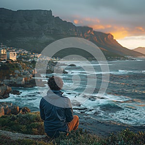 Man seated cliff gazing sunset over rugged coastal area Cape Town South Africa