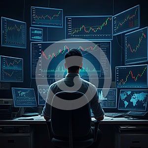 A man is seated in a control room surrounded by multiple computer monitors