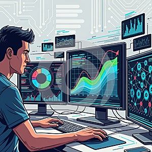 A man is seated at a desk, analyzing data on multiple computer screens. The screens
