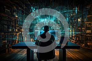 A man is seated at a desk with a computer in a modern office setting, data analysis digital emgineer data code programer sourcing