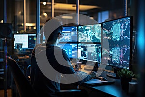 A man seated at a desk, focused on his work, with three computer monitors in front of him, Programmer working in a software