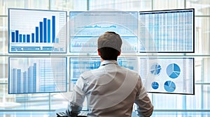 A man is seated in front of multiple computer monitors displaying various graphical data
