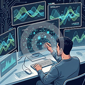 A man is seated at a workstation with multiple screens displaying complex data