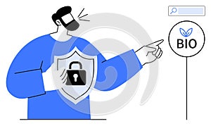 Man with Security Shield Discussing Data Privacy while Pointing at Eco-Friendly Label