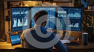 Man Working on Three Computer Monitors Displaying Data Analytics, Charts, and Code in a Dimly Lit Modern Office