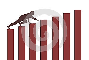 A man is seen crawling up a business bar graph t