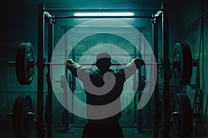 A man is seen in a dark room as he lifts a barbell, demonstrating his strength and determination, A comedic picturization of an