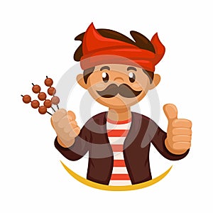 Man selling Sate Madura in traditional clothing Indonesia mascot illustration vector