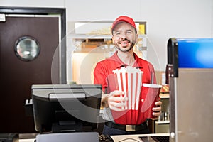 Man selling snacks at the movie theater