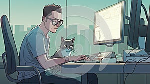 Man sending messages, surfing Internet at home. Guy at workplace with his pet.
